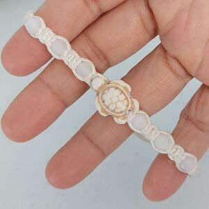 Turtle Charm White Tatted Cotton Cord Bracelet